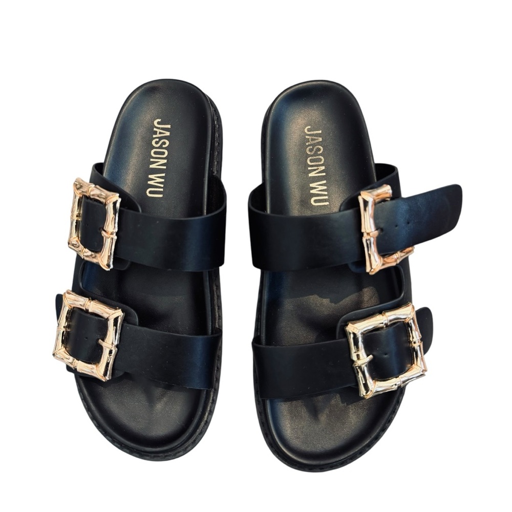 Jason Wu Black & Gold Marzan Slide Sandals with Gold Buckles - Picture 5 of 15